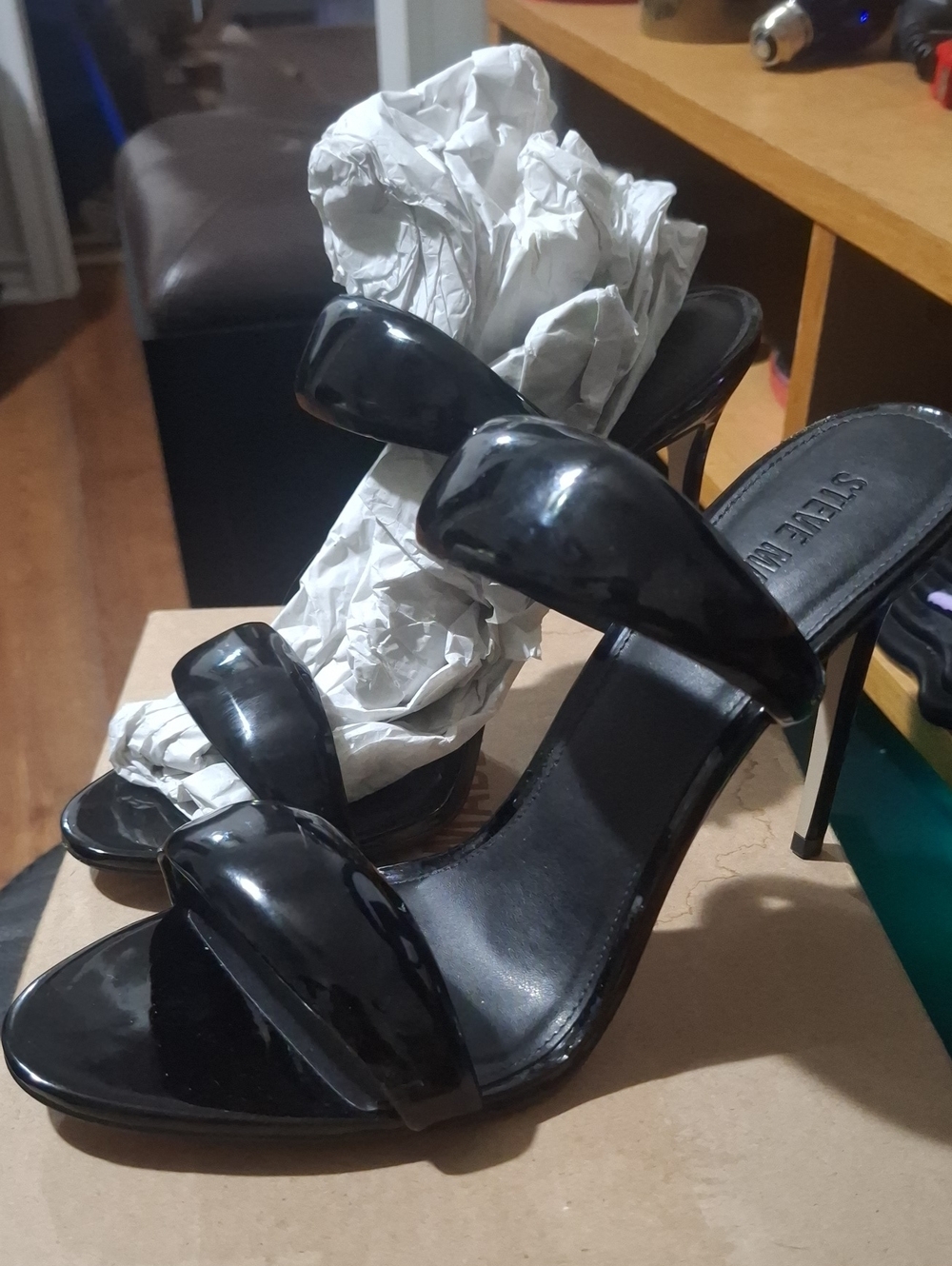 Steve Madden SATURN Black Patent Double-Band Stiletto Sandals